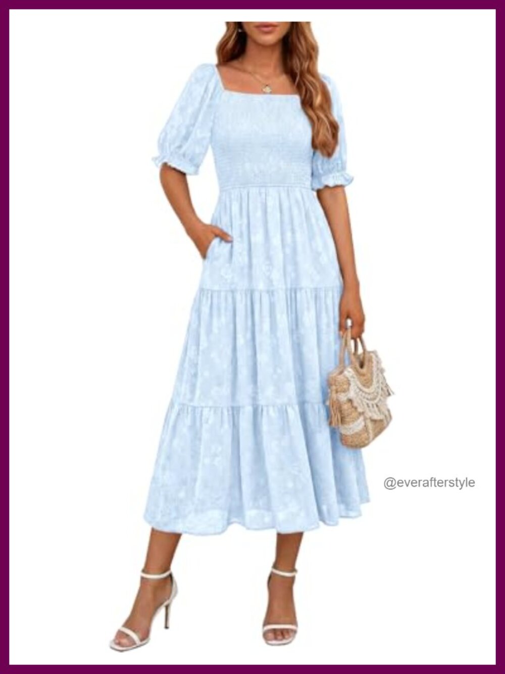 Women's Smocked A-Line Floral Midi Dress with Pockets Square Neck